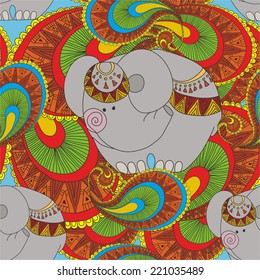 seamless pattern with ornate Indian elephant