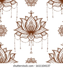 Seamless pattern with ornate Lotus flower. Ayurveda symbol of harmony and balance and universe. Tattoo design, yoga logo. Boho print, poster, t-shirt textile. Isolated outline vector illustration.