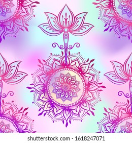 Seamless pattern with ornate Lotus flower. Ayurveda symbol of harmony and balance and universe. Tattoo design, yoga logo. Boho print, poster, t-shirt textile. Outline vector illustration.