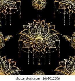 Seamless pattern with ornate Lotus flower. Ayurveda symbol of harmony and balance and universe. Tattoo design, yoga logo. Boho print, poster, t-shirt textile. Outline vector illustration in gold and