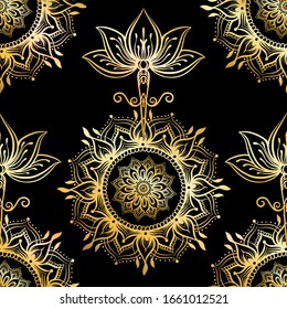 Patrón inconfundible con flor de Lotus ornamentada. Símbolo ayurveda de armonía, equilibrio y universo. Diseño de tatuajes, logo de yoga. Impresión de Boho, afiche, textil de pantalones. Ilustración del vector de contorno en oro y