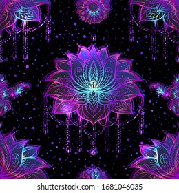 Seamless pattern with ornate Lotus flower. Ayurveda symbol of harmony and balance and universe. Tattoo design, yoga logo. Boho print, poster, t-shirt textile. Vector illustration in neon, fluorescent