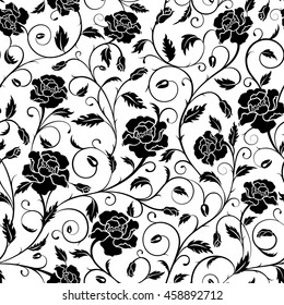 Seamless pattern of ornate poppies, buds and leaves in black and white