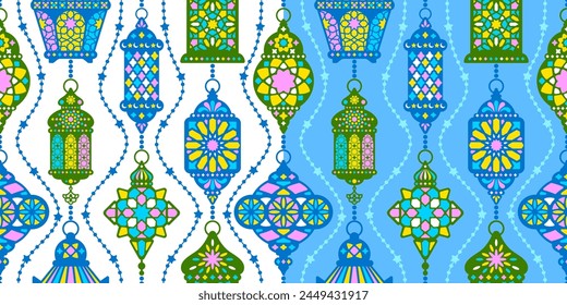 Patrón sin fisuras con linternas de ramadán ornamentadas, lámparas árabes. Fanous linterna, plana, diseño vintage de la silueta. Lámpara tradicional oriental, turca, marroquí, textura de color. Ilustración vectorial