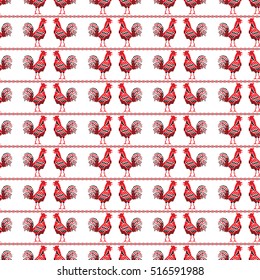 seamless pattern with ornate red and black cocks and flowers. Beautiful Slavic background with 2017 Chinese New Year Symbols. Design for fabric, textile, wallpapers, packaging