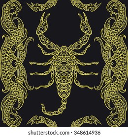 Seamless pattern with Ornate Scorpio and calligraphic decorative elements.Vintage cover ornament. Vector  hand drawn illustration.