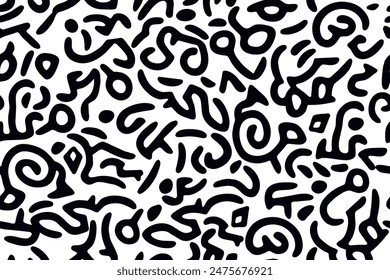 Seamless pattern of ornate scribbles creating intricate strokes. Black squiggles on a white background, seamless type.