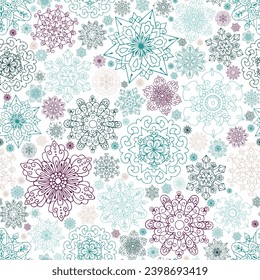 Seamless pattern with ornate snowflakes