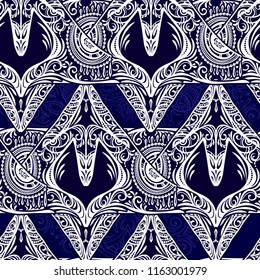 Seamless pattern Ornate spiritual symbols Yoga mudra. Vector illustration with an inscription in Sanskrit - Mudra. Ethnic patterned illustration in Boho style