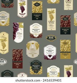 Seamless pattern with ornate wine labels in retro style. Repeating vector background on the theme of wine and wineries. Suitable for vintage Wallpaper, wrapping paper, fabric