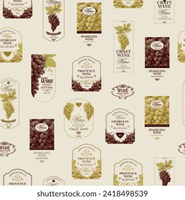 Nahtloses Muster mit dezenten Weinetiketten im Retro-Stil. Wiederholter Vektorhintergrund zum Thema Wein und Weingüter. Geeignet für Vintage-Tapete, Wickelpapier, Gewebe