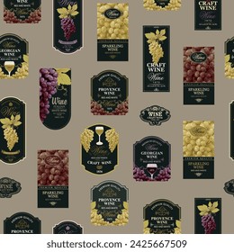 Seamless pattern with ornate wine labels in retro style. Repeating vector background on the theme of wine and wineries. Suitable for vintage Wallpaper, wrapping paper, fabric