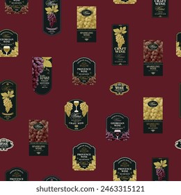 Seamless pattern with ornate wine labels in retro style. Repeating vector background on the theme of wine and wineries. Suitable for vintage Wallpaper, wrapping paper, fabric
