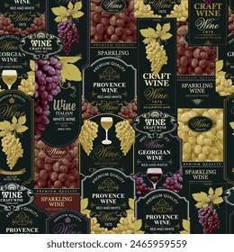Seamless pattern with ornate wine labels in retro style. Repeating vector background on the theme of wine and wineries. Suitable for vintage Wallpaper, wrapping paper, fabric