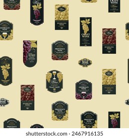 Seamless pattern with ornate wine labels in retro style. Repeating vector background on the theme of wine and wineries. Suitable for vintage Wallpaper, wrapping paper, fabric