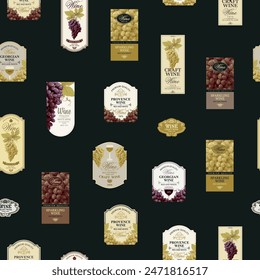 Patrón sin costuras con etiquetas de vino ornamentadas en estilo retro. Repetición de fondo de Vector sobre el tema del vino y las bodegas. Conveniente para el Fondo de pantalla vintage, papel de envoltura, tela