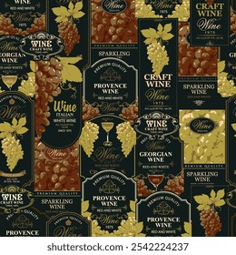 Seamless pattern with ornate wine labels in retro style. Repeating vector background on the theme of wine and wineries. Suitable for vintage Wallpaper, wrapping paper, fabric