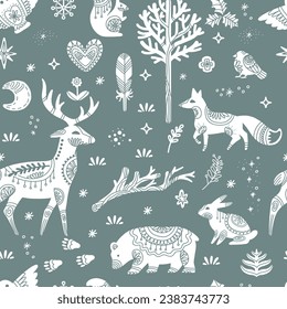 Seamless pattern with ornate woodland abstract animals silhouettes deer, bear, fox and snowflakes on gray background. Scandinavian illustration. For print, design, fabric, porcelain, linen, stickers