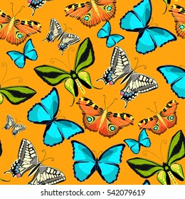 seamless pattern Ornithoptera paradisea  butterfly on orange. vector illustration