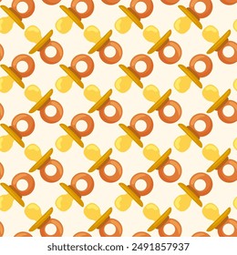 Seamless pattern of orthodontic pacifiers. Baby care equipment. Vector illustration