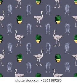 Seamless pattern of ostrich, cactus. For children's fabrics and clothing. Vector stock illustration eps10.