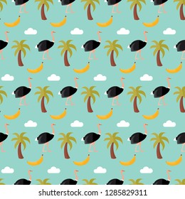 seamless pattern ostrich palm tree banana fruit cloud summer on blue background animal beast vector wallpaper textile giftwrap