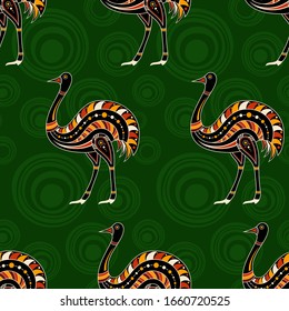 Seamless pattern of ostrichs with abstract circles on green background. Australian art. Aboriginal painting style. Vector color background.