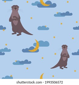 Seamless pattern with otter on night background with clouds and moon. Childish pattern for apparel, nursery. 