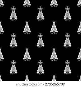 Seamless pattern of Our Lady Aparecida illustration, Catholic religious background in black and white.