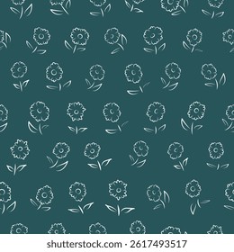 Seamless pattern of out line flowers. floral over Blue background. Small flower pattern in dahlia style line art for wallpaper, fashion, wrapping, printing on fabrics and surface.
