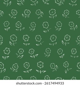 Seamless pattern of out line flowers. floral over forest green background. Small flower pattern in dahlia style line art for wallpaper, fashion, wrapping, printing on fabrics and surface. vector
