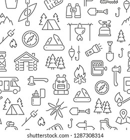 Seamless pattern with outdoor and camping. Black and white thin line icons