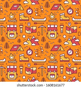 Seamless pattern with outdoor and camping icons.