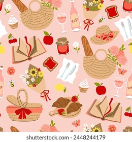 Seamless pattern with outdoor picnic items. Vector graphics.