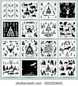 Seamless pattern with Outdoors Activity, Travel Tourism, Hiking, Trekking Mountains, Forest Camping, Hunting, Hipster style