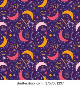 Seamless pattern of outer space. Cosmic background with space elements, stars, comets, meteorites, constellations, month, planet, satellite, galaxy. Backdrop hand drawn vector illustration
