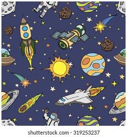 Seamless pattern with outer space doodles, symbols and design elements: spaceships, ufo, planets, stars, rocket, astronauts, sun, comets. Cartoon colorful background. Hand drawn vector illustration.