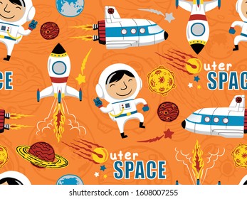 seamless pattern of outer space elements cartoon with little astronaut