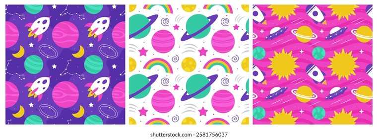 Seamless Pattern of Outer Space Exploration with Floating Astronaut and Planets in Cartoon Flat Design Illustration