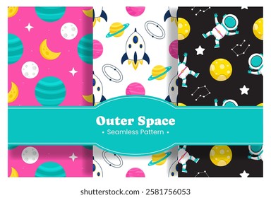 Seamless Pattern of Outer Space Exploration with Floating Astronaut and Planets in Cartoon Flat Design Illustration