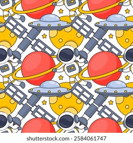 Seamless Pattern of Outer Space Exploration with Floating Rocket and Planets in Cartoon Flat Design Illustration