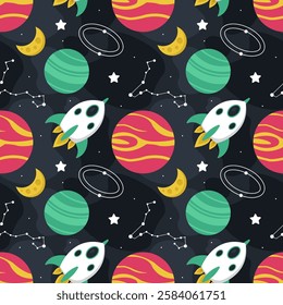 Seamless Pattern of Outer Space Exploration with Floating Rocket and Planets in Cartoon Flat Design Illustration