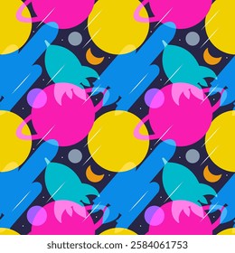 Seamless Pattern of Outer Space Exploration with Floating Rocket and Planets in Cartoon Flat Design Illustration