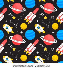 Seamless Pattern of Outer Space Exploration with Floating Rocket and Planets in Cartoon Flat Design Illustration