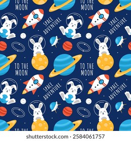 Seamless Pattern of Outer Space Exploration with Floating Rocket and Planets in Cartoon Flat Design Illustration