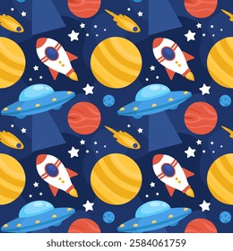 Seamless Pattern of Outer Space Exploration with Floating Rocket and Planets in Cartoon Flat Design Illustration