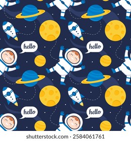 Seamless Pattern of Outer Space Exploration with Floating Rocket and Planets in Cartoon Flat Design Illustration