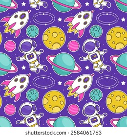 Seamless Pattern of Outer Space Exploration with Floating Rocket and Planets in Cartoon Flat Design Illustration