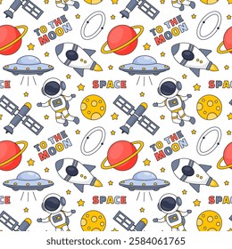 Seamless Pattern of Outer Space Exploration with Floating Rocket and Planets in Cartoon Flat Design Illustration