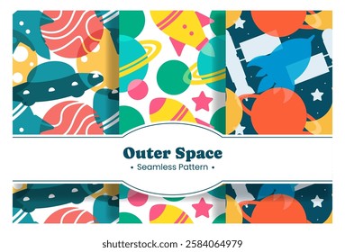 Seamless Pattern of Outer Space Exploration with Floating Rocket and Planets in Cartoon Flat Design Illustration